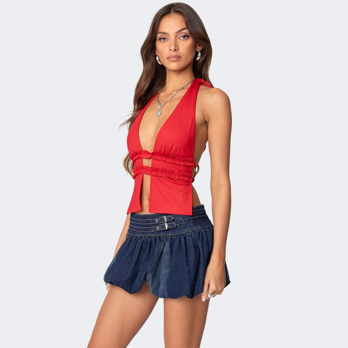 Damen Crop-Top mit raffiniertem Wickel-Design und Rüschendetails R&B