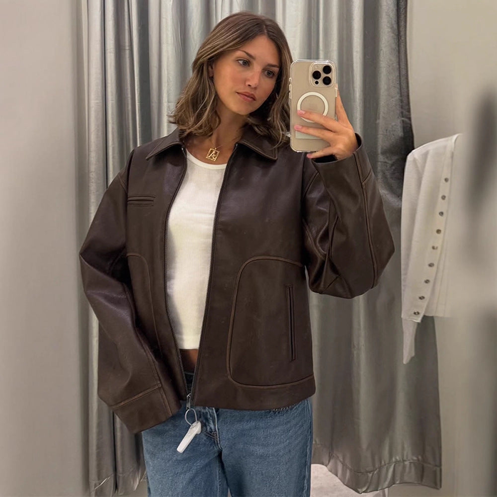 Damen modische Kunstlederjacke mit praktischen Eingrifftaschen und stylishen Details R&B