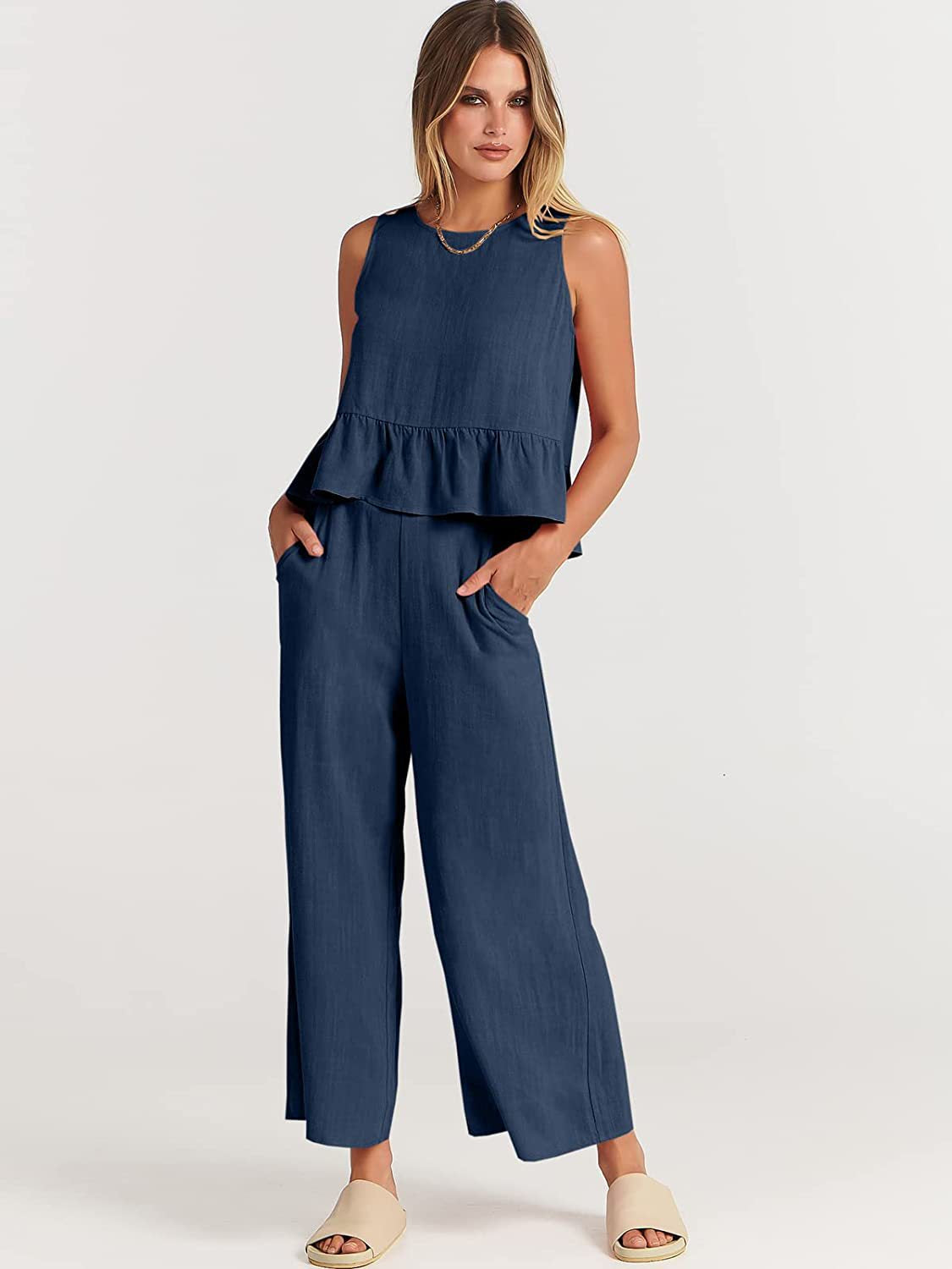Damen luftiges Zweiteiler-Set mit schickem Peplum-Top und weitem Hose