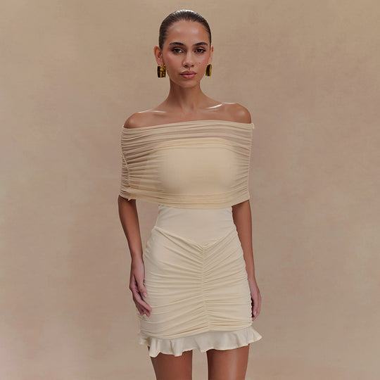 Damen figurbetontes Minikleid mit voluminösen Puffärmeln und Rüschensaum R&B