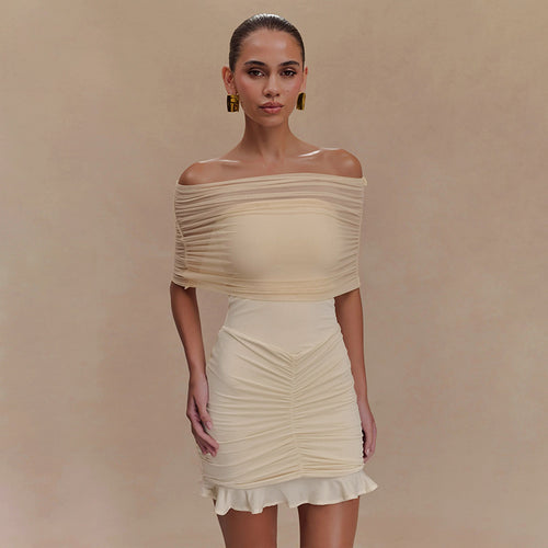 Damen figurbetontes Minikleid mit voluminösen Puffärmeln und Rüschensaum R&B