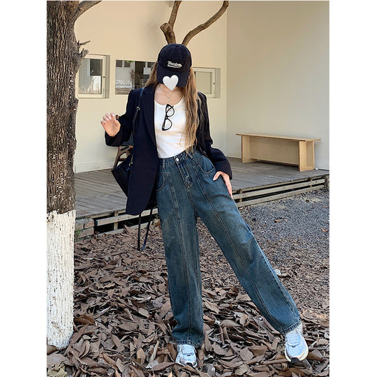 Damen Weite Denim-Hose mit hoch tailliertem Schnitt und lässigem Design R&B