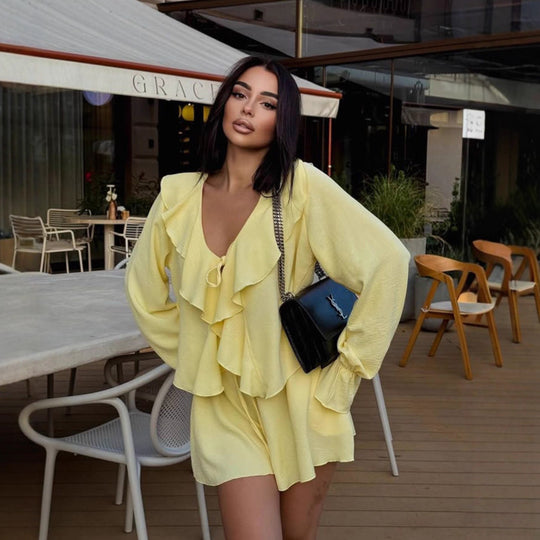 Damen verspieltes Sommerkleid mit Rüschen und tiefem V-Ausschnitt R&B