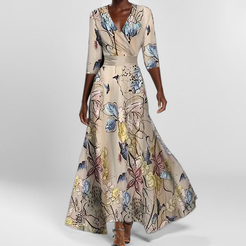 R&B | Elegantes V-Ausschnitt Bedrucktes Taillenkleid mit Schößchen