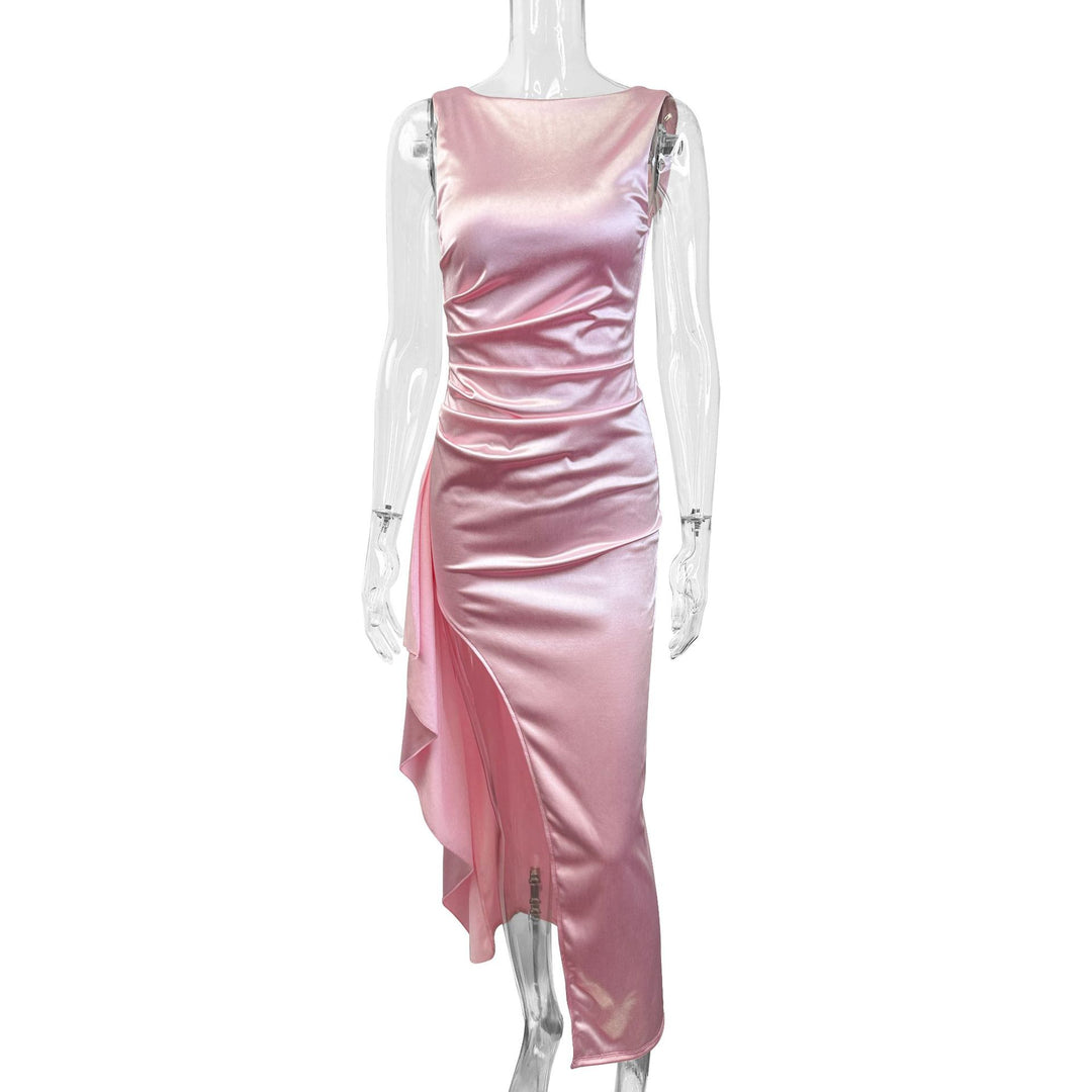 Damen Elegantes Satin Abendkleid mit asymmetrischem Saum und seitlichem Schlitz R&B