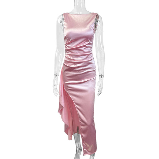Damen Elegantes Satin Abendkleid mit asymmetrischem Saum und seitlichem Schlitz R&B