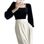 Damen elegantes Strickoberteil mit Puffärmeln und reizendem Quadrat-Ausschnitt