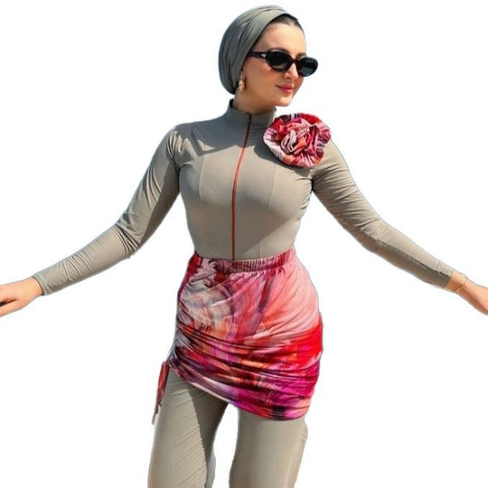 Damen Modischer UV-Schutz-Badeanzug mit Wickelrock und langem Arm R&B