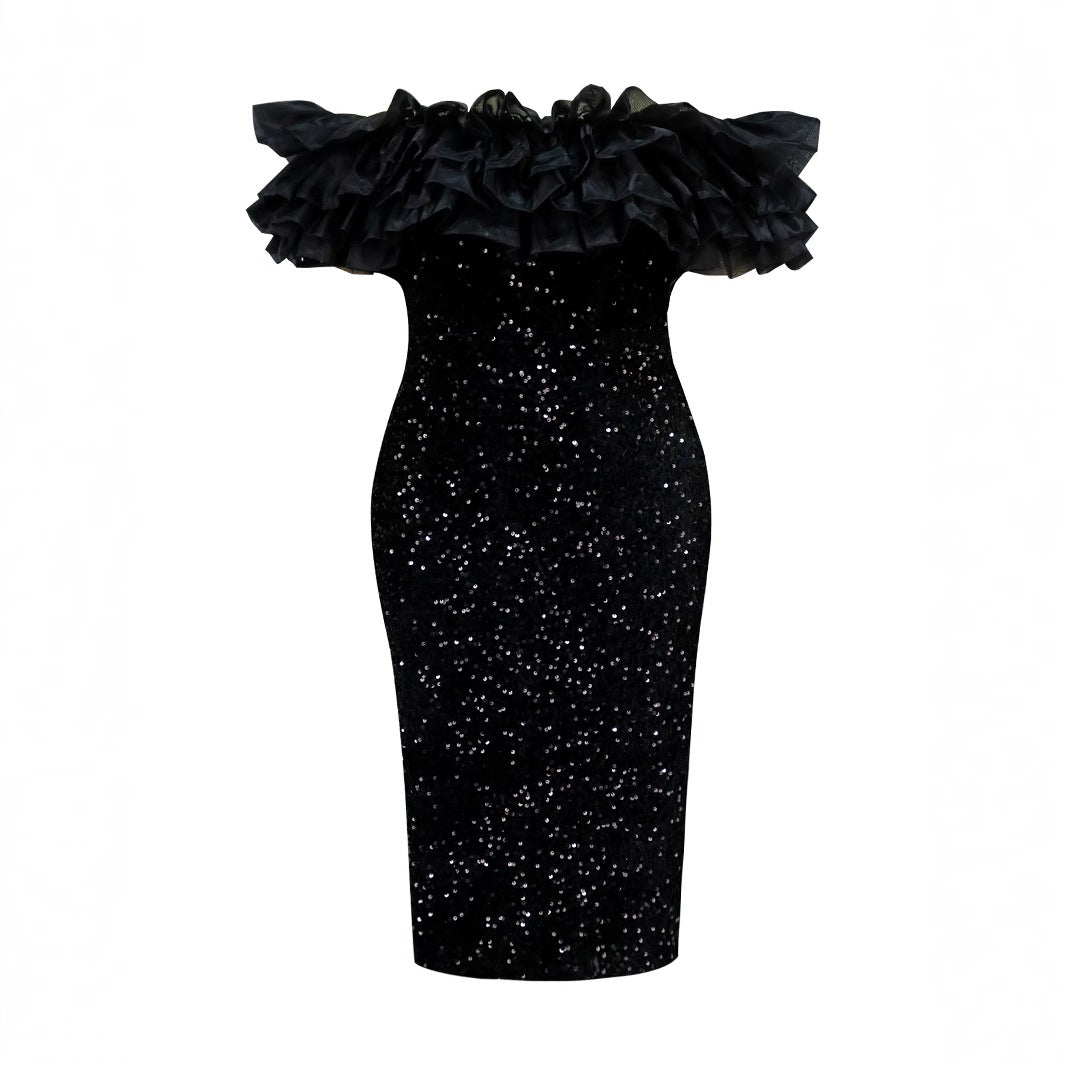 Damen Elegantes Abendkleid mit voluminösen Rüschen und funkelnden Pailletten R&B