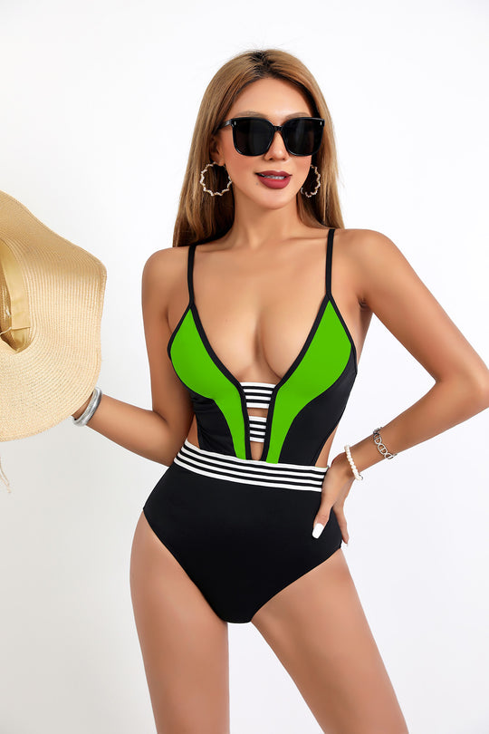 Damen Sportlicher Einteiler Badeanzug mit tiefem V-Ausschnitt und seitlichen Cut-Outs R&B