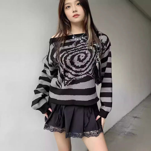 Damen Modischer Oversized-Pullover mit kreativem Spiral-Design und gestreiftem Muster R&B