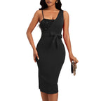 Damen elegantes Wickelkleid mit Strassapplikationen und Taillengürtel R&B