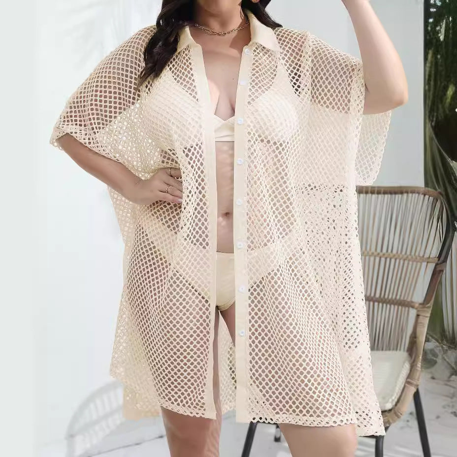 Damen transparenter Strandüberwurf aus Netzmaterial R&B