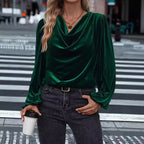 Damen elegante Bluse aus samtigem Material mit Drapé-Ausschnitt R&B