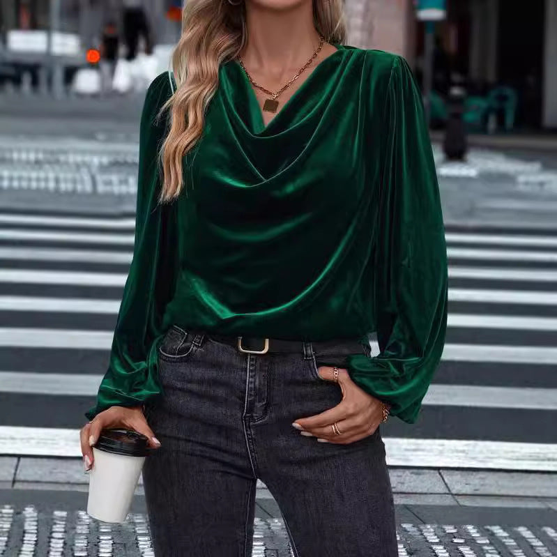 Damen elegante Bluse aus samtigem Material mit Drapé-Ausschnitt R&B
