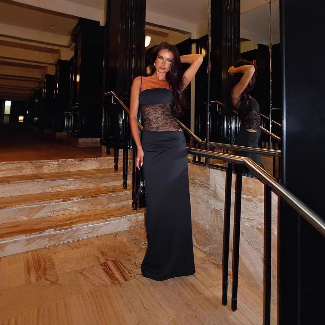 Damen Maxikleid mit transparentem Oberteil und eleganten Details R&B