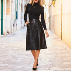 Damen Elegantes Oberteil mit Puffärmeln und Hochwertigem Kunstlederrock R&B