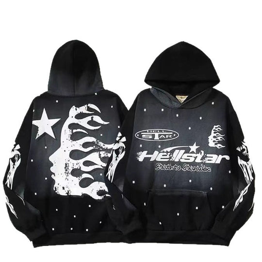 Unisex nan Oversize Kapuzenpullover mit großflächigem Flame- und Sternprint sowie Kängurutasche R&B