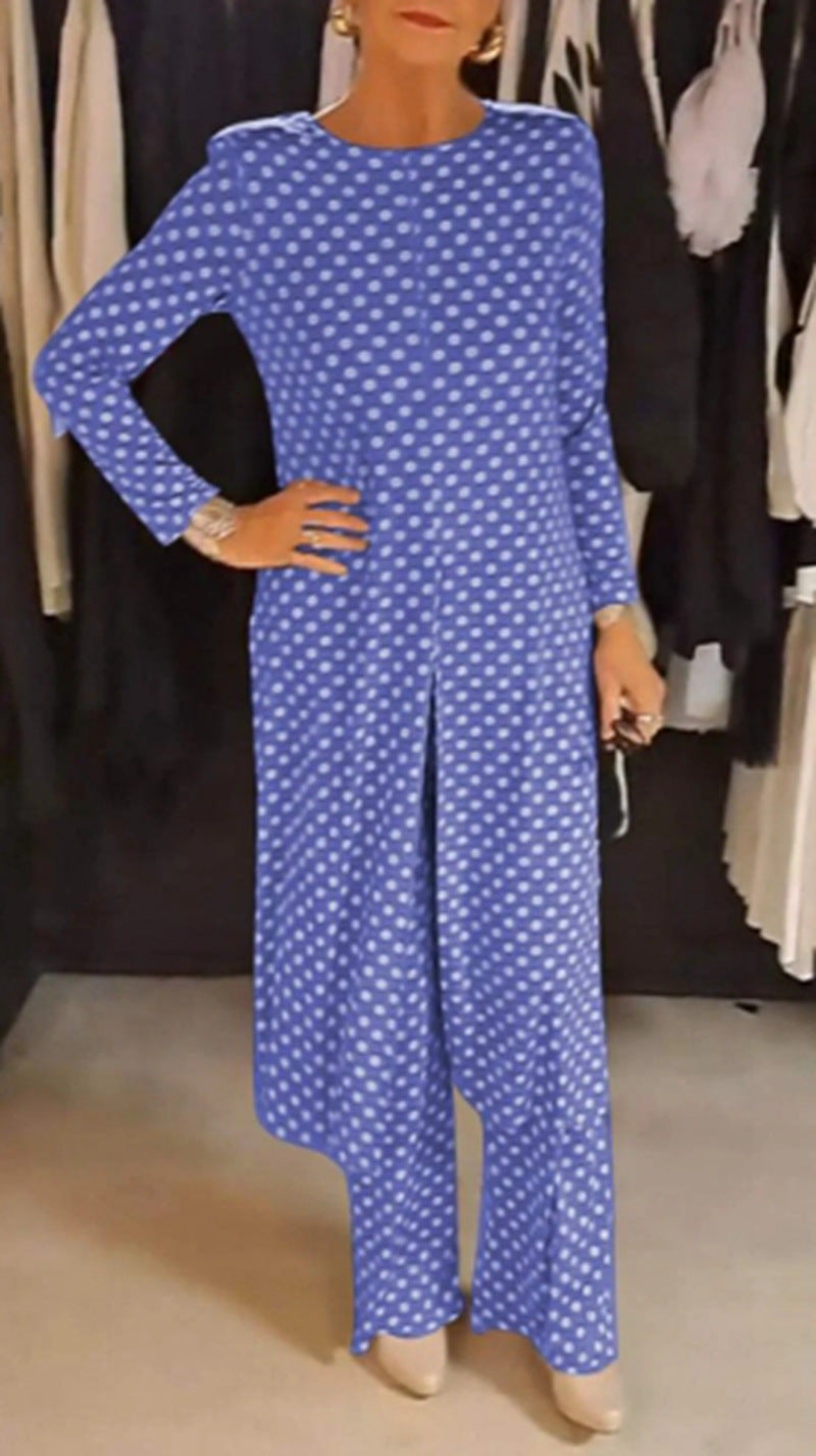 Damen nan Pünktchen-Lounge-Ensemble mit langer A-Linien-Tunika, mittigem Frontschlitz und weiter Palazzohose R&B