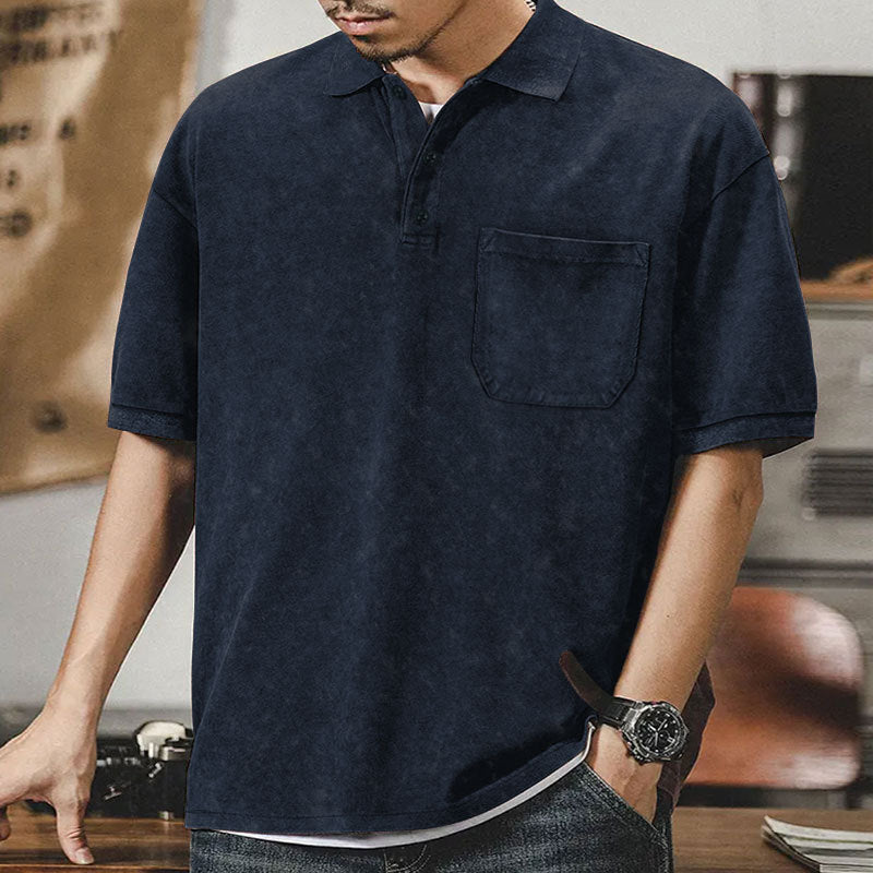 Herren nan locker geschnittenes Baumwoll-Poloshirt mit aufgesetzter Brusttasche und kurzer Knopfleiste R&B