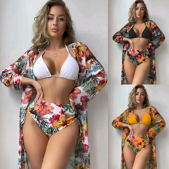 Damen Bikiniset mit hohem Bund und floralem Überwurf R&B