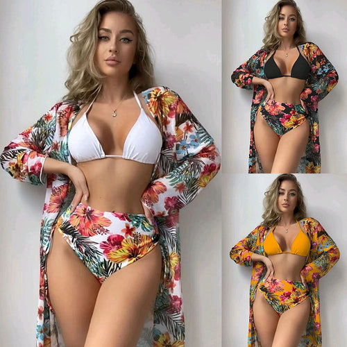 Damen Bikiniset mit hohem Bund und floralem Überwurf R&B