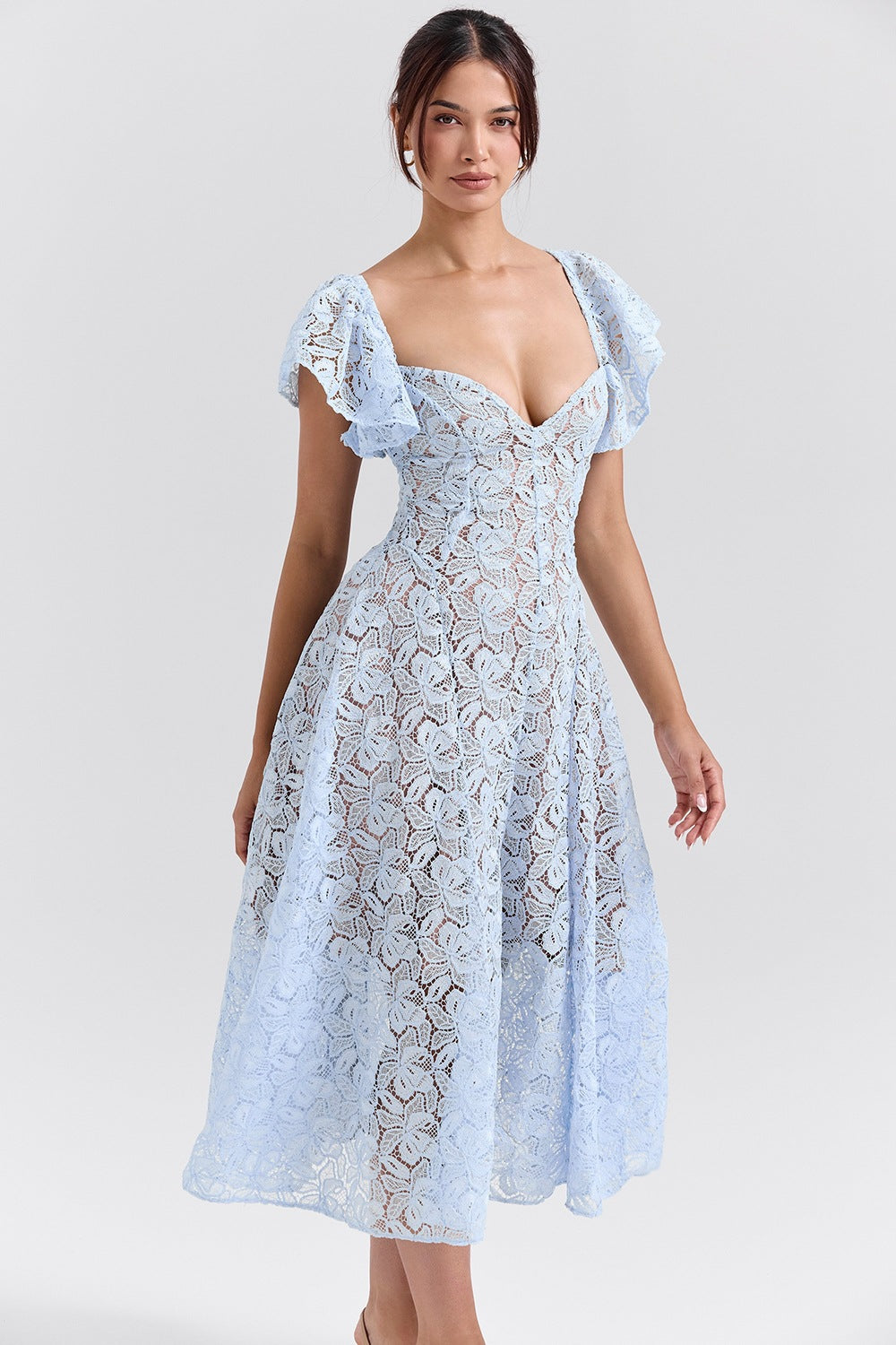Damen Midikleid mit romantischer Spitzenstruktur und voluminösen Ärmeln R&B