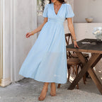 Damen Maxikleid mit V-Ausschnitt und luftigen Puffärmeln R&B