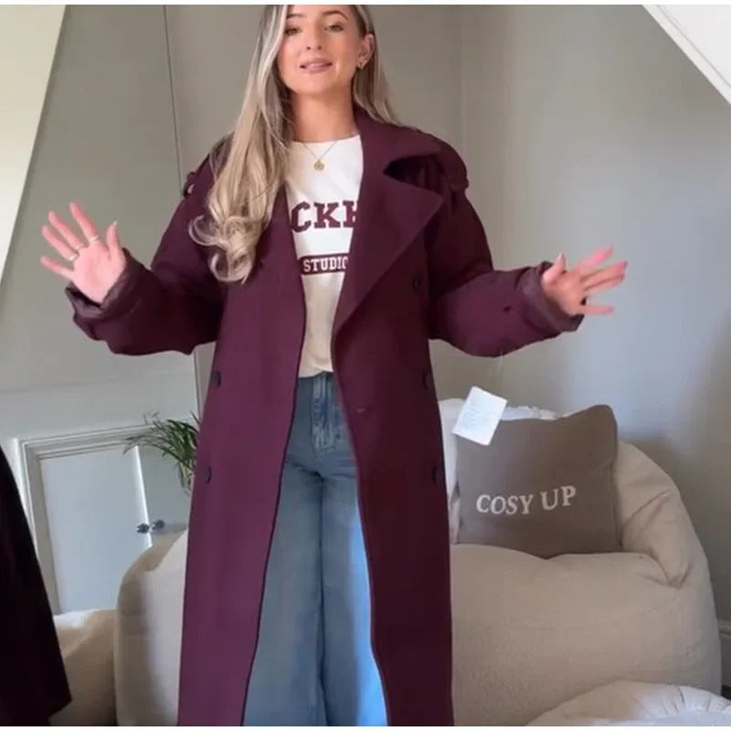 Damen Elegante Oversized-Wolljacke mit tiefem Revers und seitlichen Taschen R&B