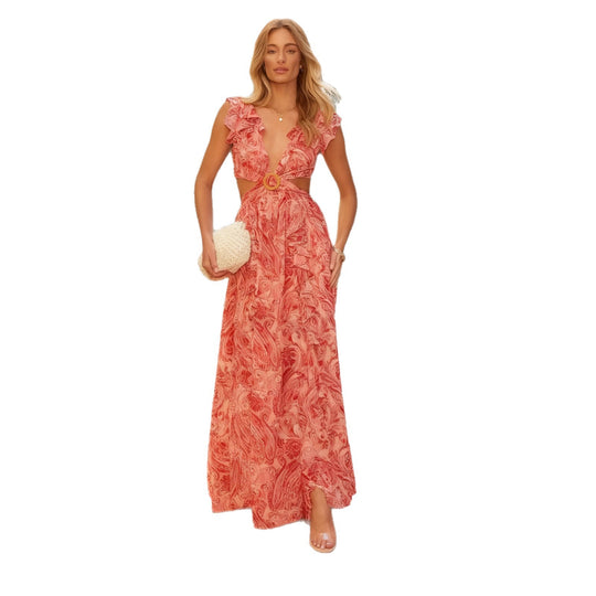 Damen Maxikleid mit voluminösen Rüschendetails und tiefem V-Ausschnitt R&B