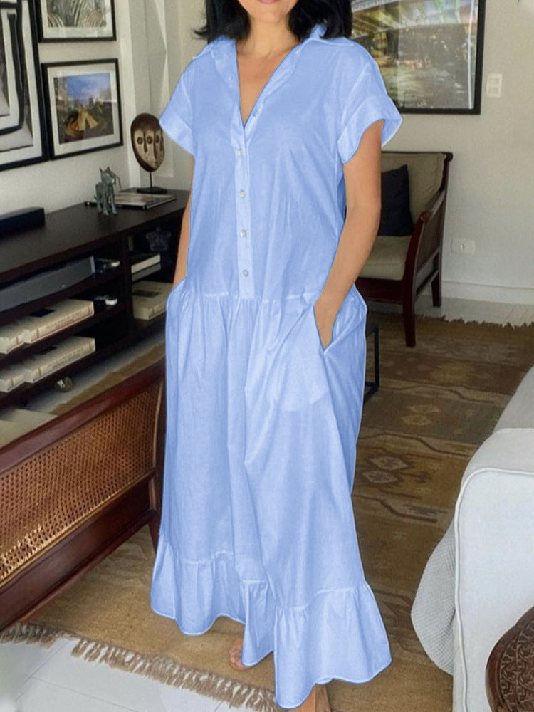Damen Lässiges Knopfkleid mit Taschen und Rüschensaum R&B