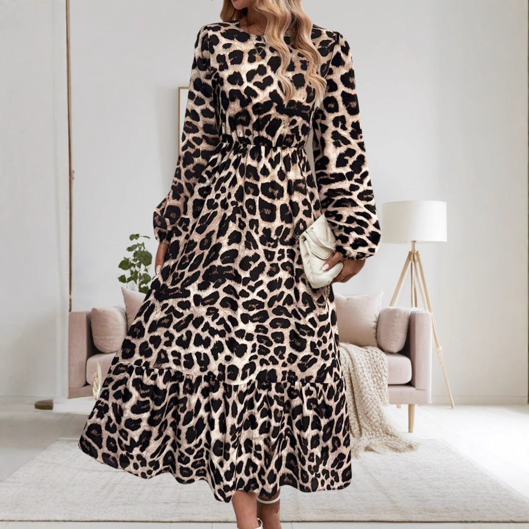 Damen Elegantes Langarm-Maxikleid mit modernem Tierprint und asymmetrischem Saum R&B