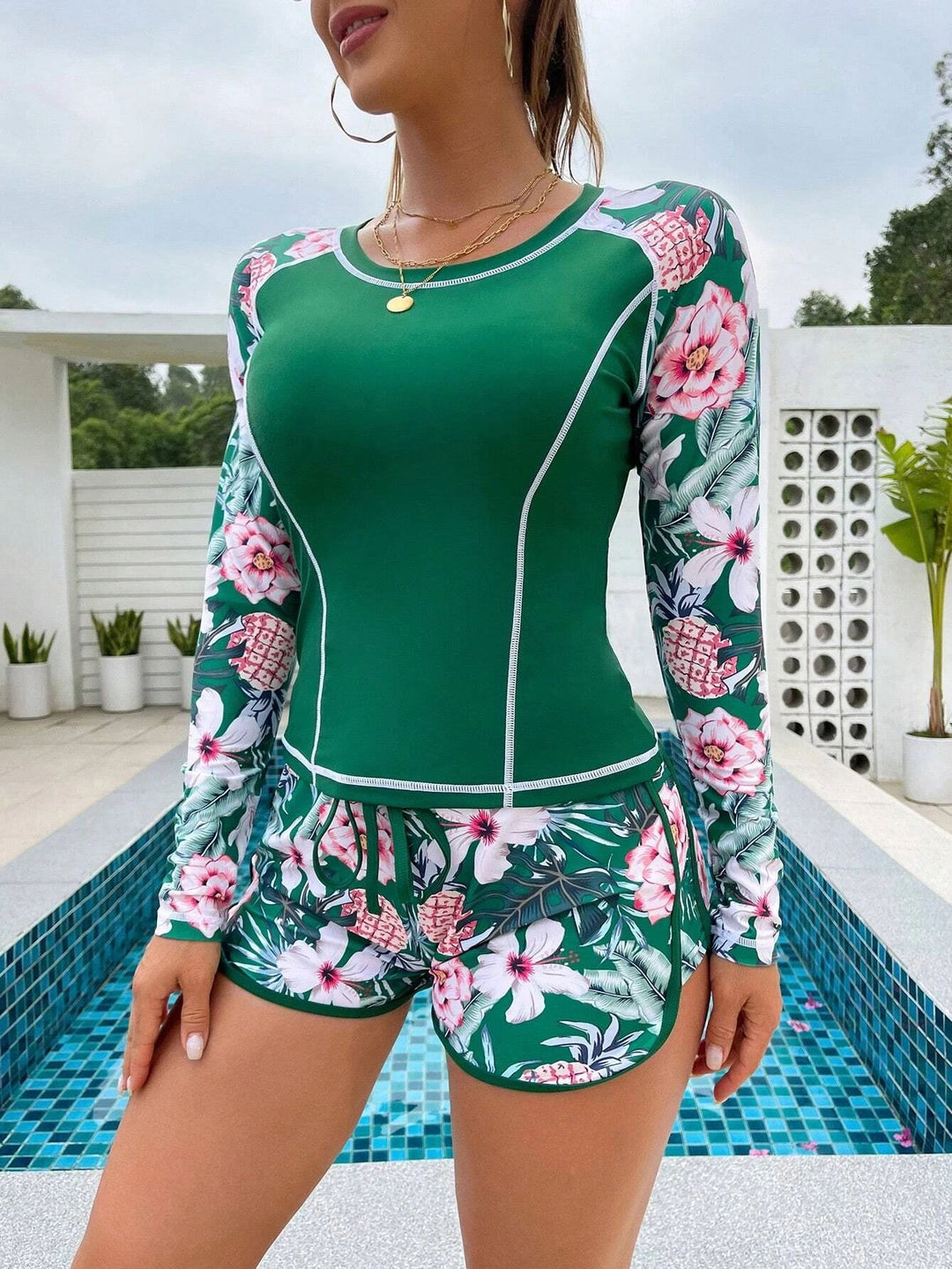 Damen Langarm Surf-Badeanzug mit floralem Muster R&B