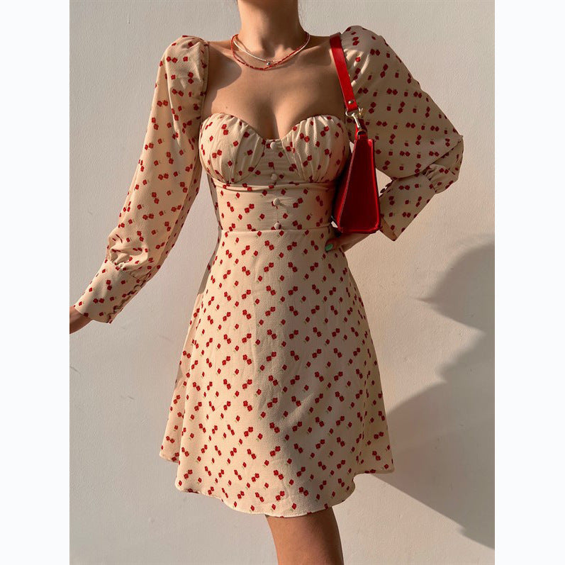 Damen Puffärmel Kleid mit romantischem Blumenmuster und herzförmigem Ausschnitt R&B