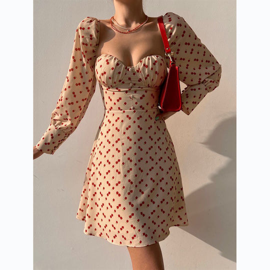 Damen Puffärmel Kleid mit romantischem Blumenmuster und herzförmigem Ausschnitt R&B