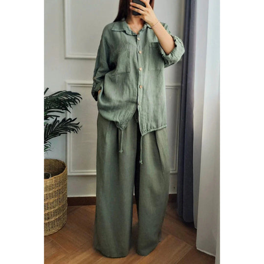 Damen Leinen-Set mit weiten Hosen undlässiger Bluse R&B