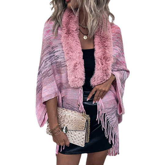 Damen eleganter Poncho mit luxuriösem Kunstfellkragen und fransigem Saum R&B