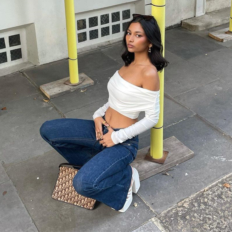 Damen Offshoulder Crop-Top mit Raffung R&B