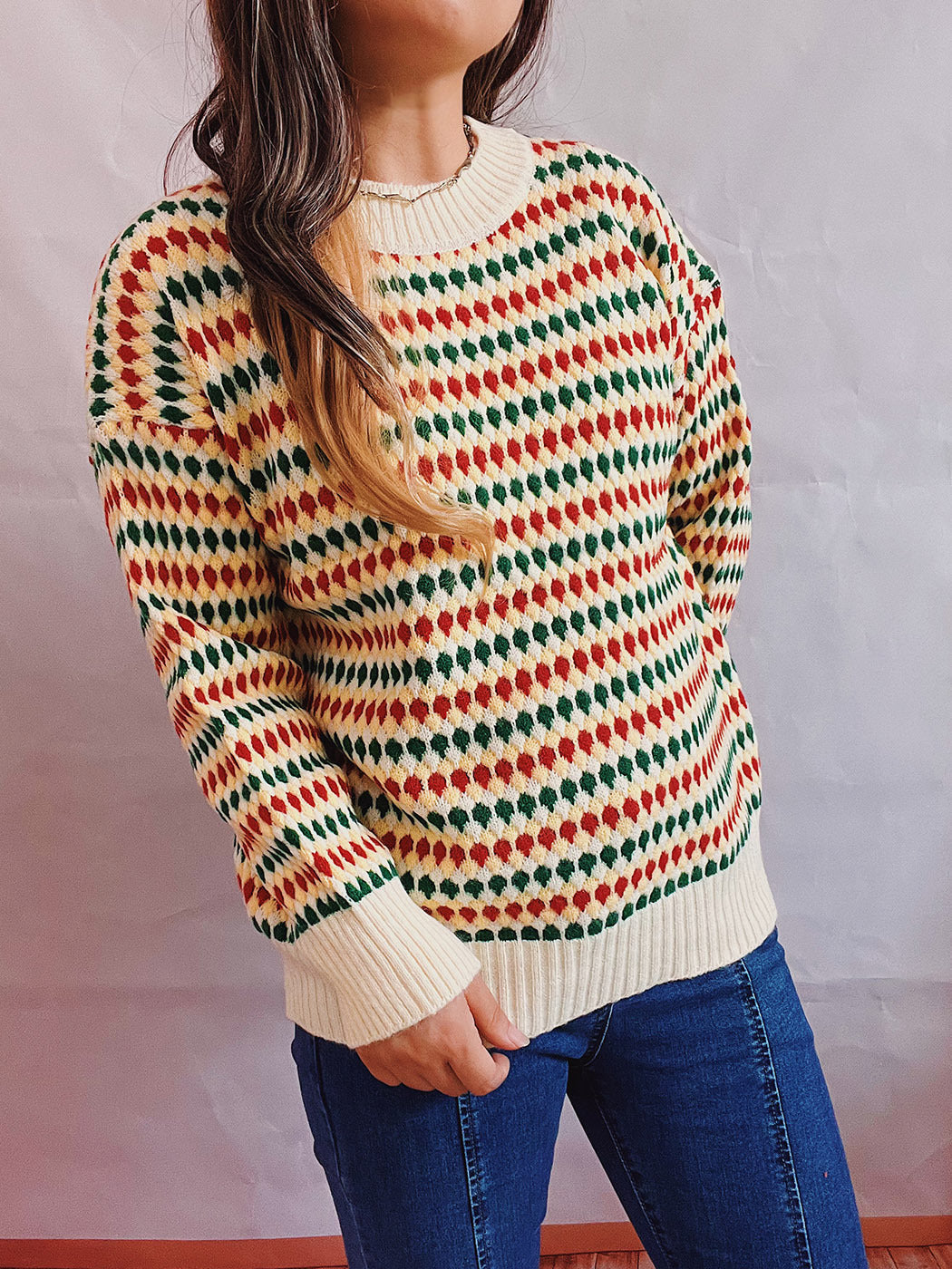 Damen lässiger Strickpullover mit buntem Rautenmuster und Rundhalsausschnitt R&B