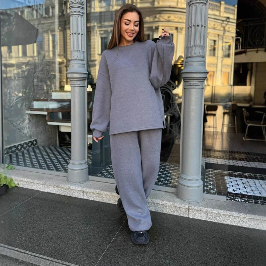 Damen lässiges Fleece-Loungewear-Set mit weichem Oversized-Pullover und bequemen Hosen R&B