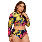 Damen Surf-Bikini-Set mit langärmligem Oberteil und buntem Palmendruck R&B