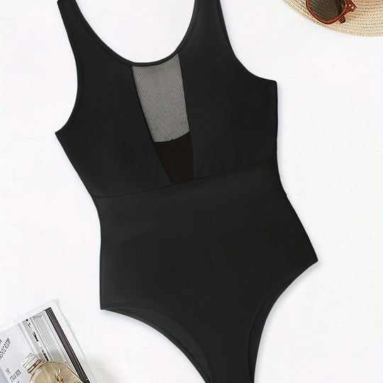 Damen Sportlicher Einteiler mit tiefem V-Ausschnitt und transparenten Mesh-Details R&B