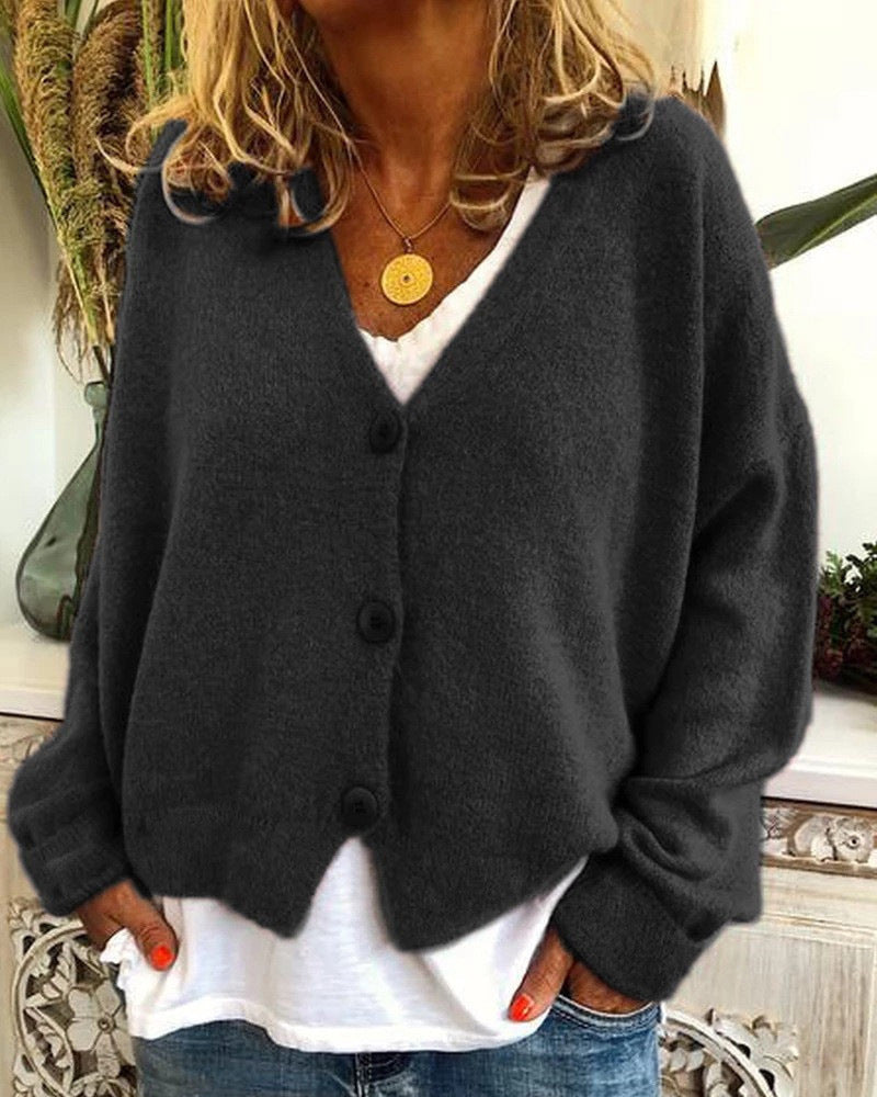 Damen Lässiger Strickcardigan mit offenem Design und knöpfbarem Verschluss R&B