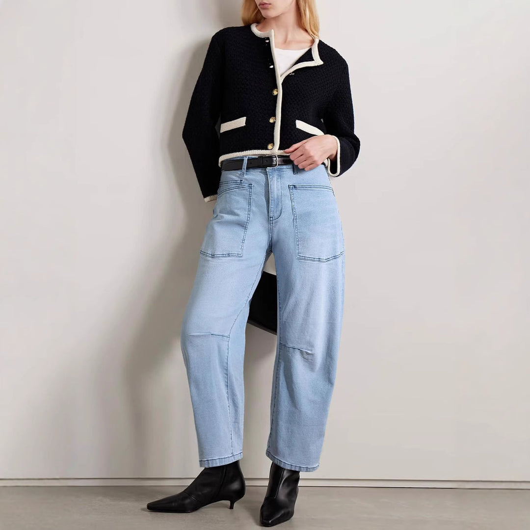 Damen halbhohe Denim-Hose mit einzigartigen aufgesetzten Taschen R&B