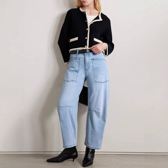 Damen halbhohe Denim-Hose mit einzigartigen aufgesetzten Taschen R&B