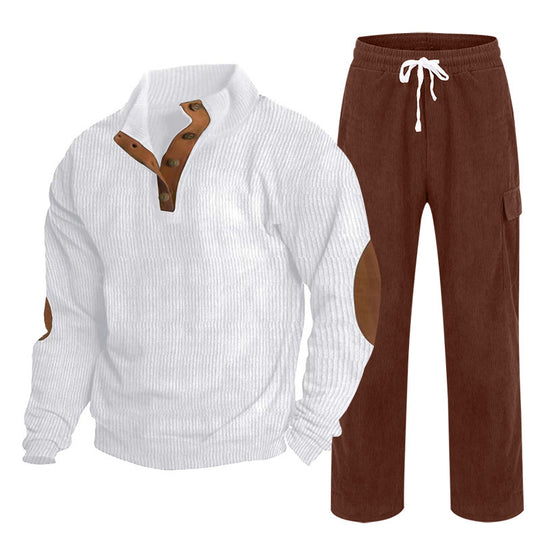 Herren nan Strick-Freizeitset mit Knopfleiste und Ellenbogenaufnähern sowie Cord-Cargohose R&B
