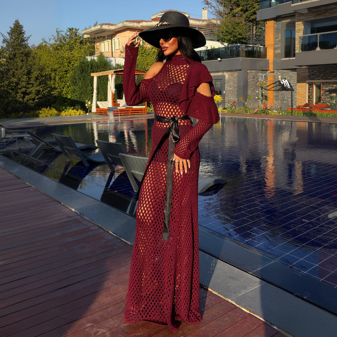 Damen schulterfreies Netzkleid mit eleganten Rüschen R&B