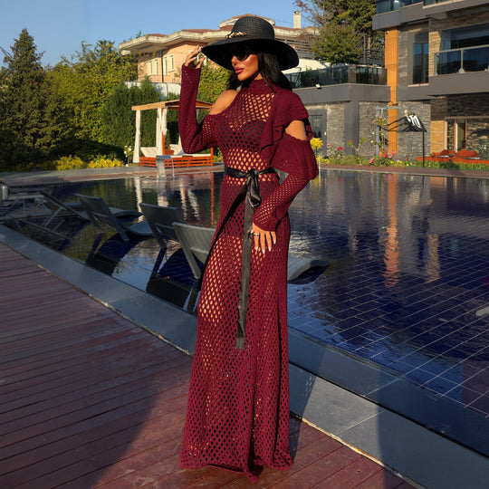 Damen schulterfreies Netzkleid mit eleganten Rüschen R&B
