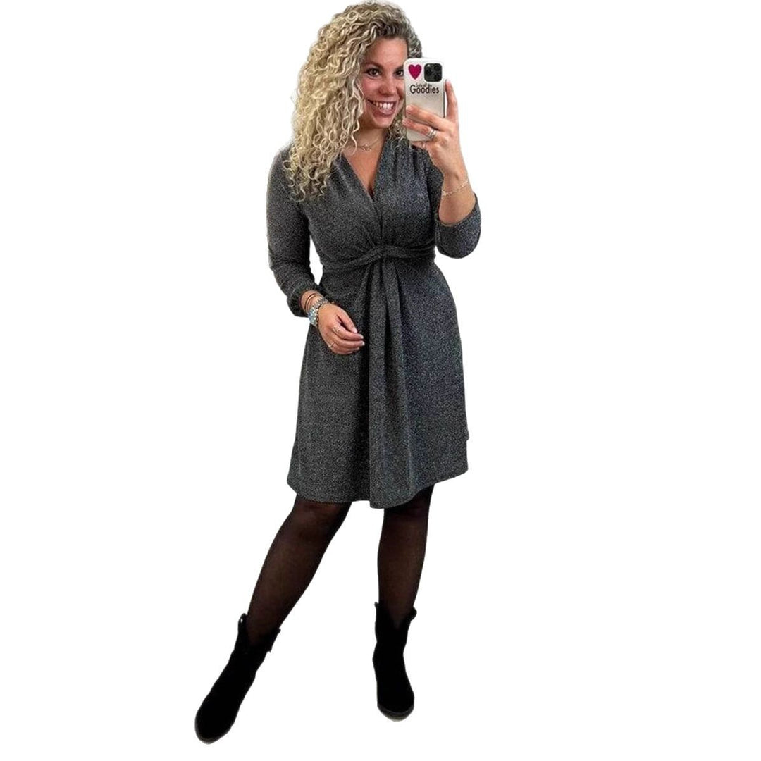 Damen nan knielanges V-Ausschnitt-Kleid mit geraffter Taillenpasse aus leichtem Glanzstrick R&B