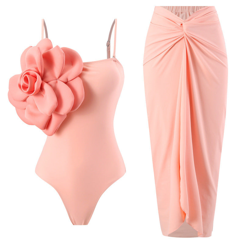Damen Einteiler Badeanzug mit modischem Blumendesign und passendem Wickelrock R&B